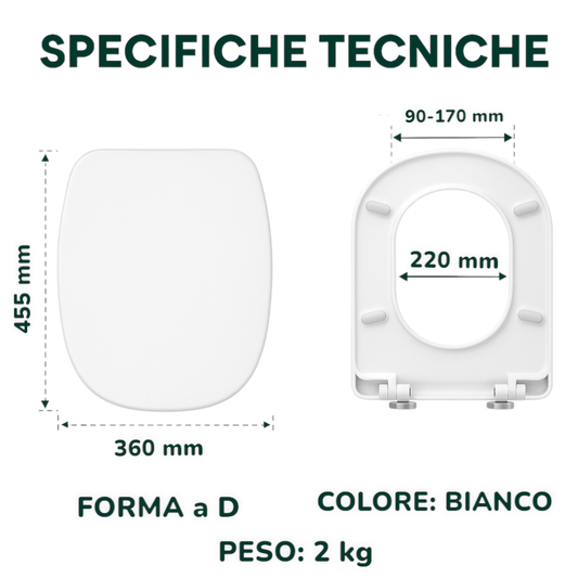 Sedile WC Universale D - Shape con Chiusura Ammortizzata – Bianco, Montaggio Rapido in Plastica Antibatterica - IDRAULICAMENTESedile WC Universale D - Shape con Chiusura Ammortizzata – Bianco, Montaggio Rapido in Plastica Antibatterica